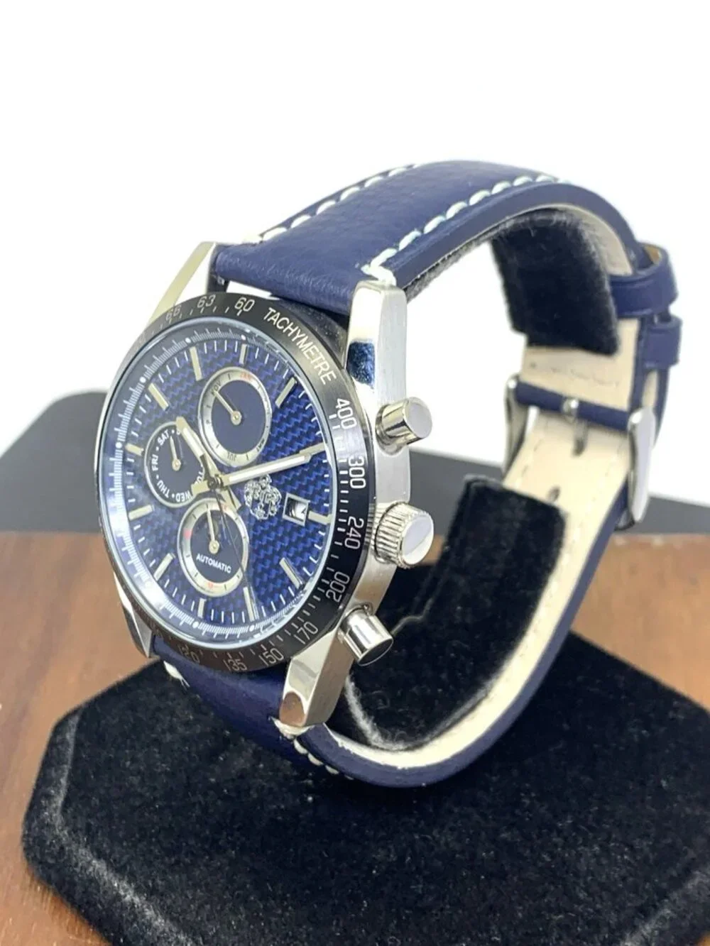 SUG Men's Watch Automatic Chronograph Blue Dial Day Night Leather Strap 40mm